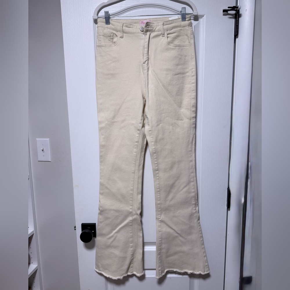 PinkLiky Cream Flare Jeans with Raw Hem
